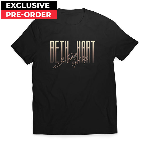 Black T-shirt featuring Beth Hart text and signature in metallic gold, exclusive Beth Hart design