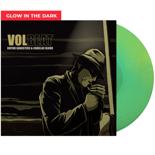 Bright green Volbeat album for Guitar Gangsters & Cadillac Blood with dark figure art