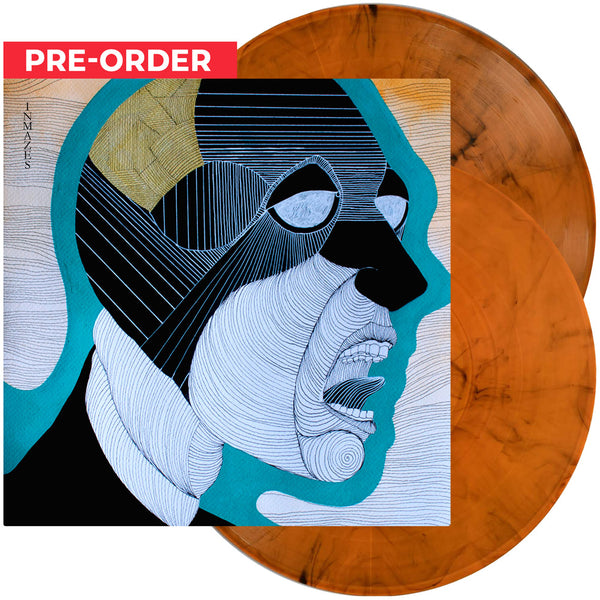 Stylized vinyl album cover with abstract portrait for VOLA Inmazes Double Orange Marble Vinyl