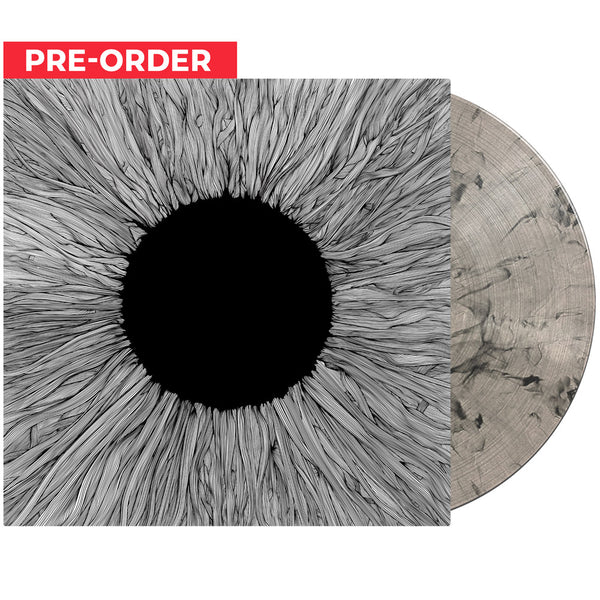 Vinyl record featuring eye-like design on VOLA - Witness White Black Marble Vinyl