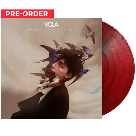 Vola Witness album cover with surreal portrait and red marble vinyl disc displayed