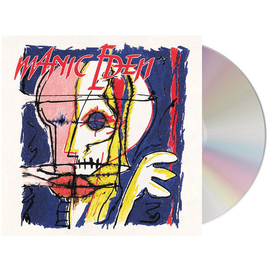 CD album cover for Manic Eden featuring abstract colorful artwork with a skull face