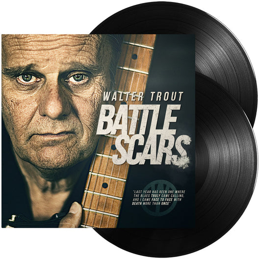 Album cover of Battle Scars by Walter Trout, featuring an intense portrait and guitar neck