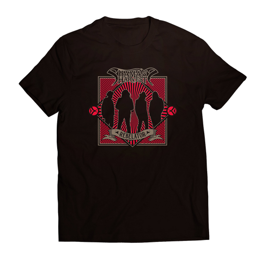 Black Shaman’s Harvest exclusive t-shirt with red and white graphic design and silhouettes