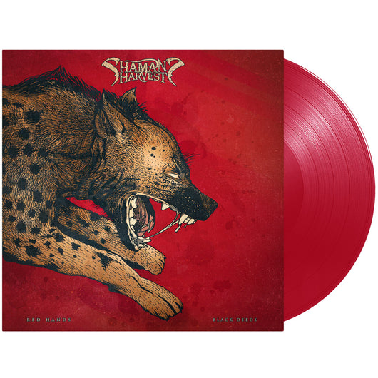 Red vinyl record album of Shaman’s Harvest featuring snarling big cat artwork